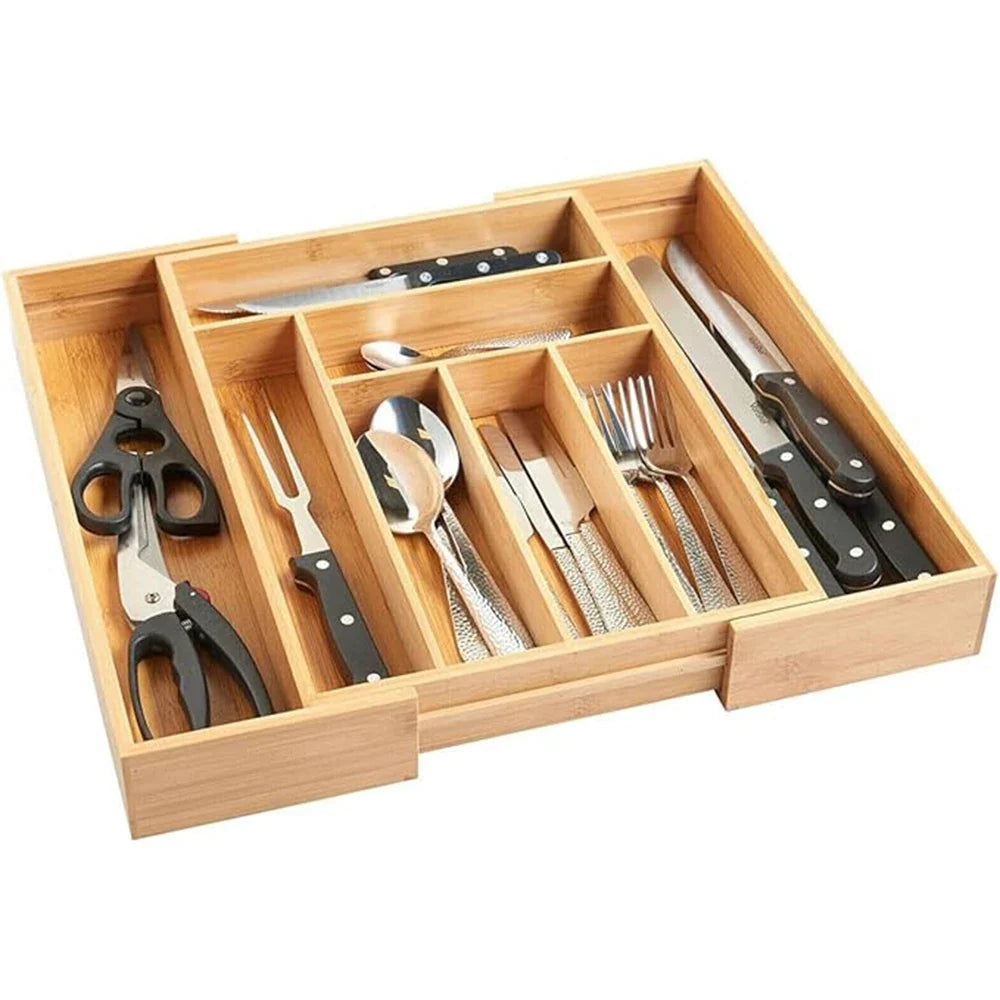 Wooden Bamboo Cutlery Tray Drawer - Large Expandable 6–8 Compartments Adjustable