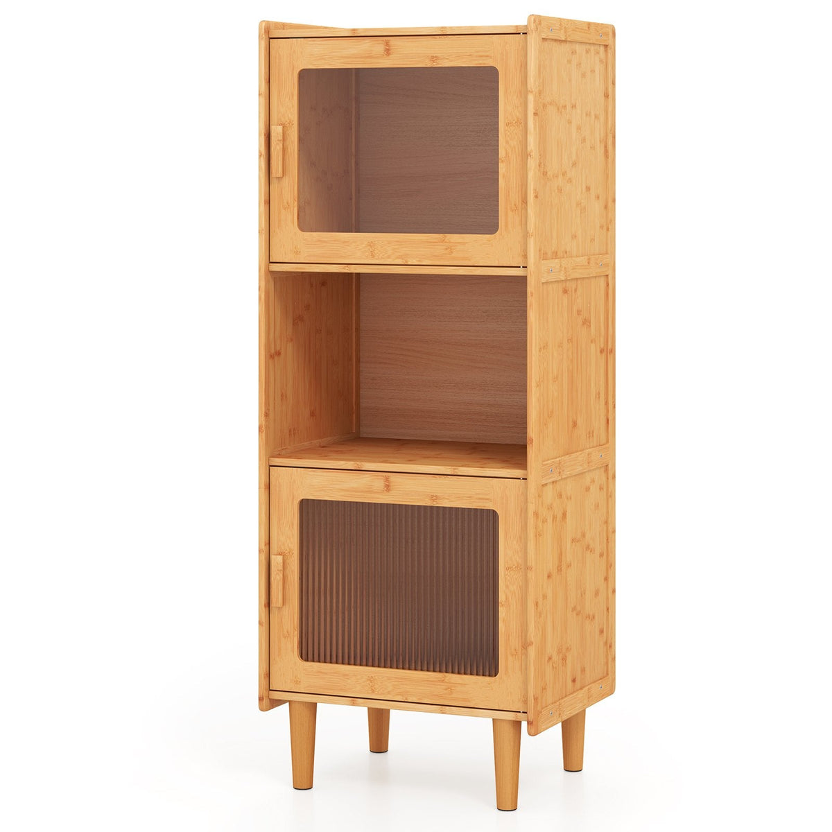 3-Cube Bamboo Cabinet with Open Compartment and 2 Acrylic Doors-Natural