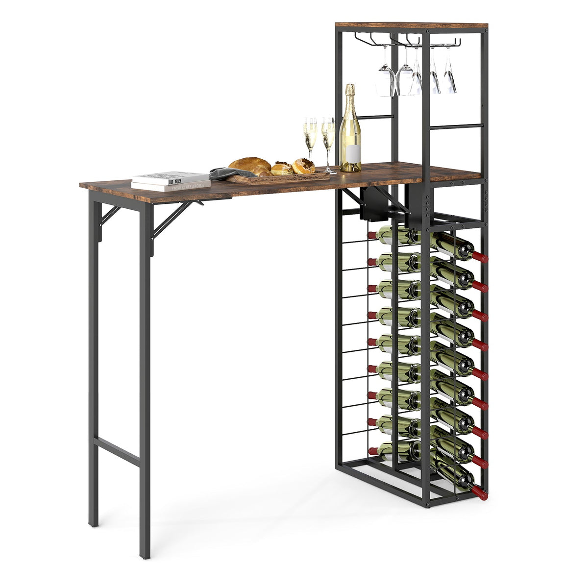 Bar Table with Foldable Tabletop for Dining Room and Living Room-Brown