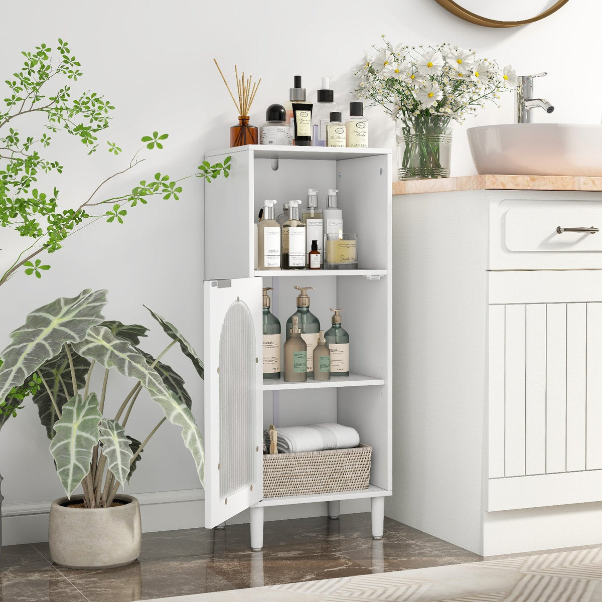 Bathroom Floor Cabinet with Adjustable Shelf for Hallway Living Room-White