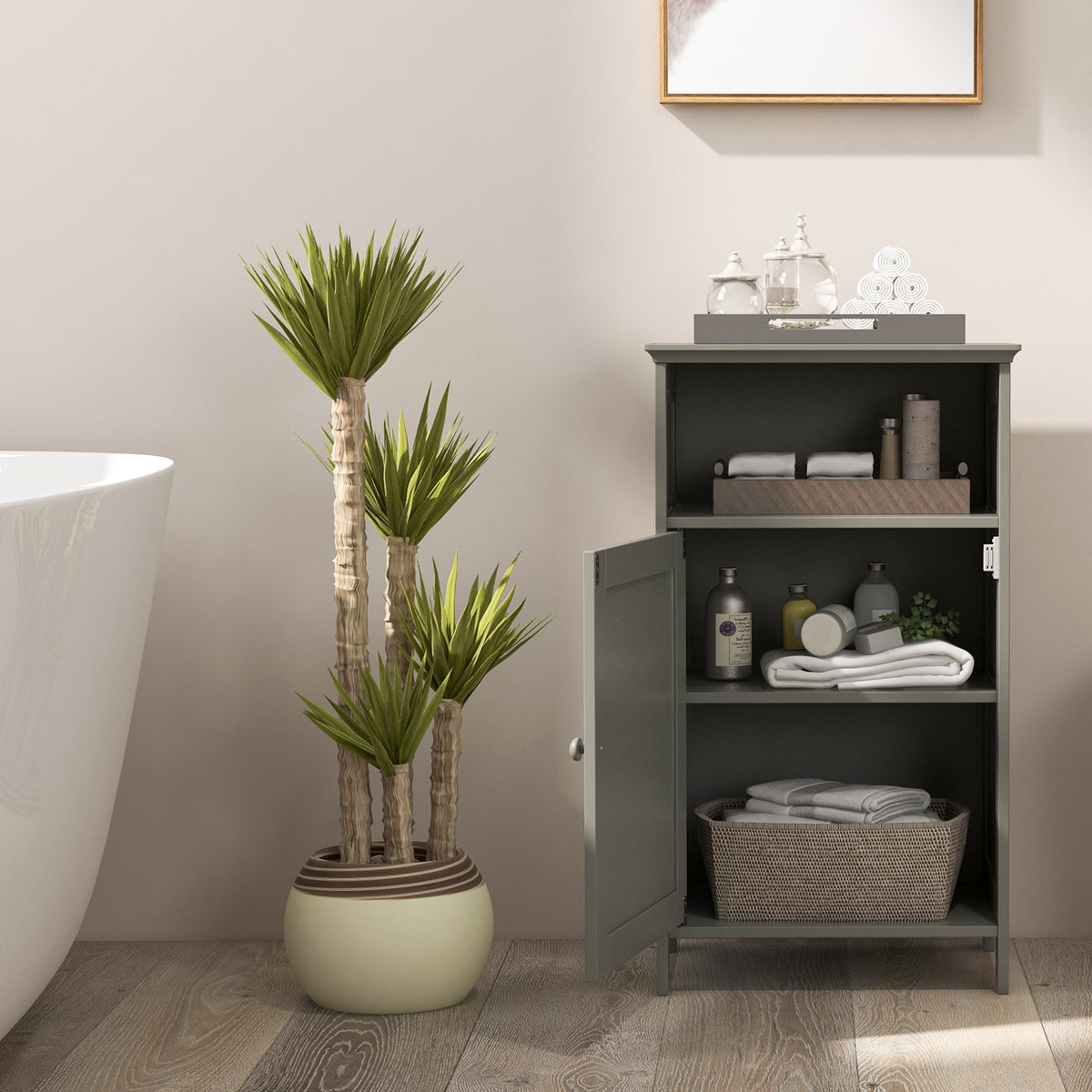 Bathroom Floor Single Door Side Cabinet with Open Compartment-Black