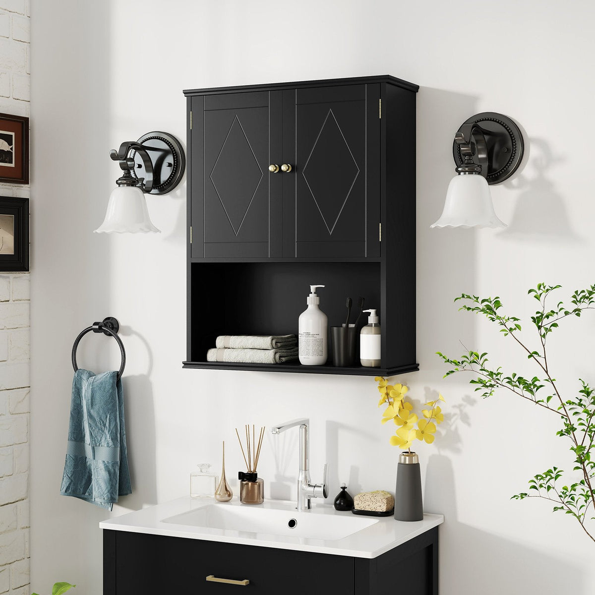Bathroom Wall Cabinet with Open Shelf and Adjustable Shelf-Beige