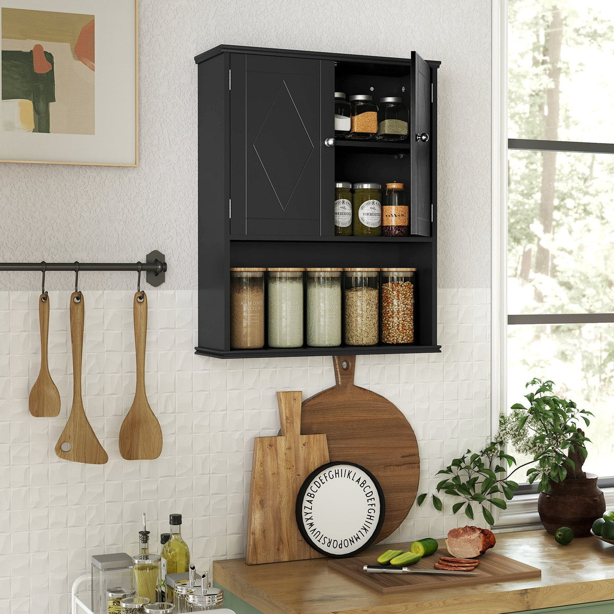 Bathroom Wall Cabinet with Open Shelf and Adjustable Shelf-Beige