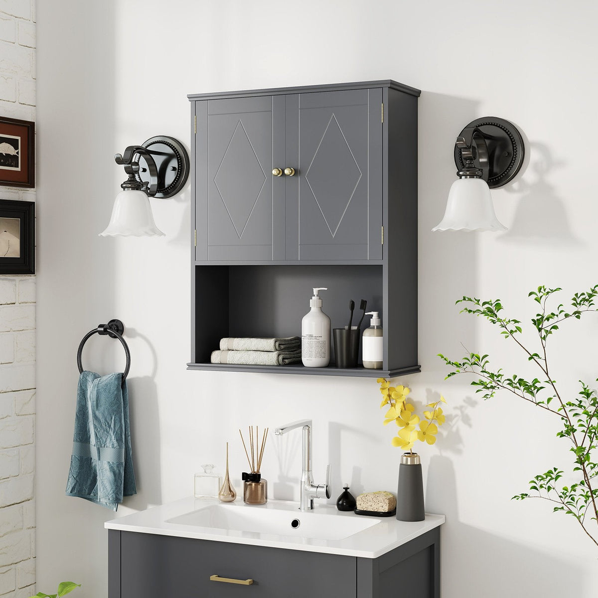 Bathroom Wall Cabinet with Open Shelf and Adjustable Shelf-Beige