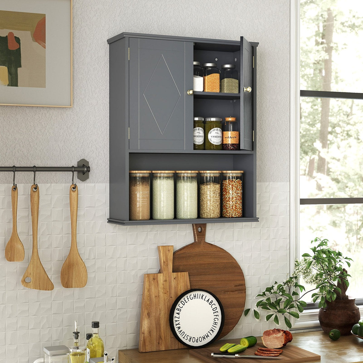 Bathroom Wall Cabinet with Open Shelf and Adjustable Shelf-Beige