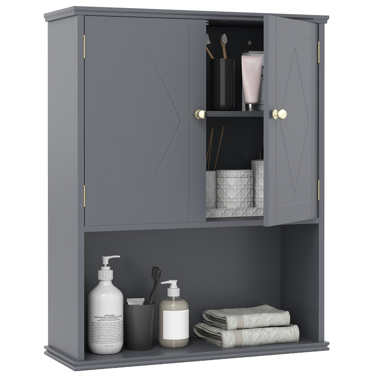 Bathroom Wall Cabinet with Open Shelf and Adjustable Shelf-Beige