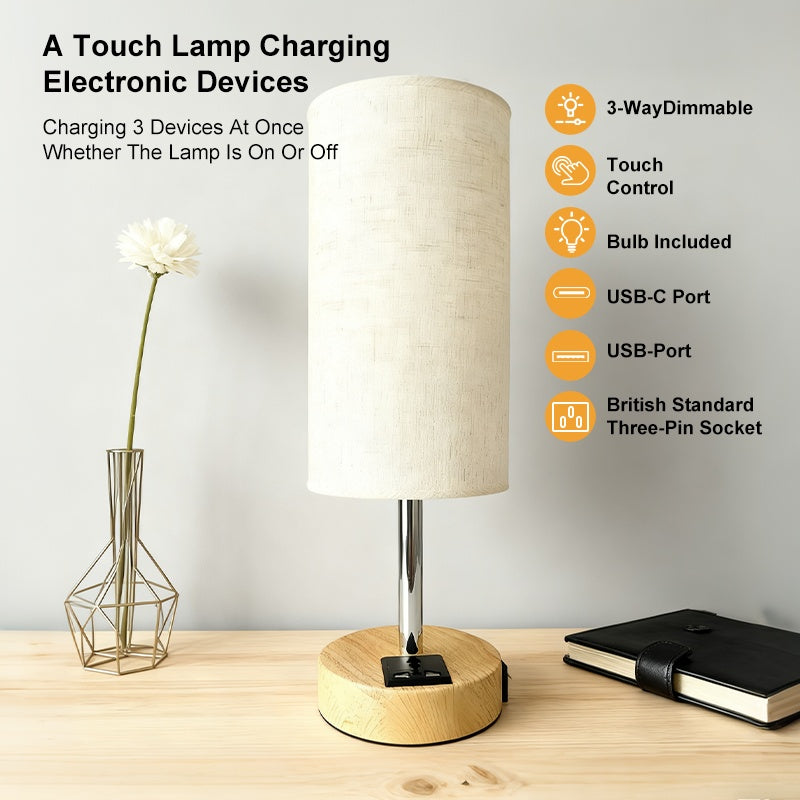 3 Way Dimmable Bedside Table Lamp with USB A & C Charging UK Plug Adjustable
