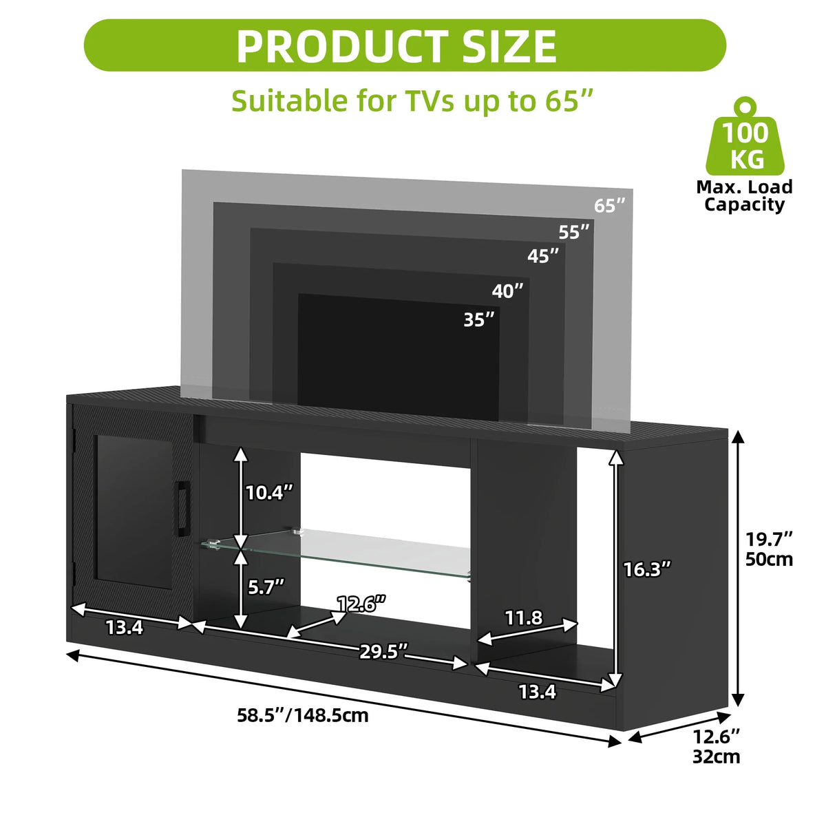 65 Inch TV Stand with LED Lights & Glass Shelves Modern Cabinet 148cm Remote