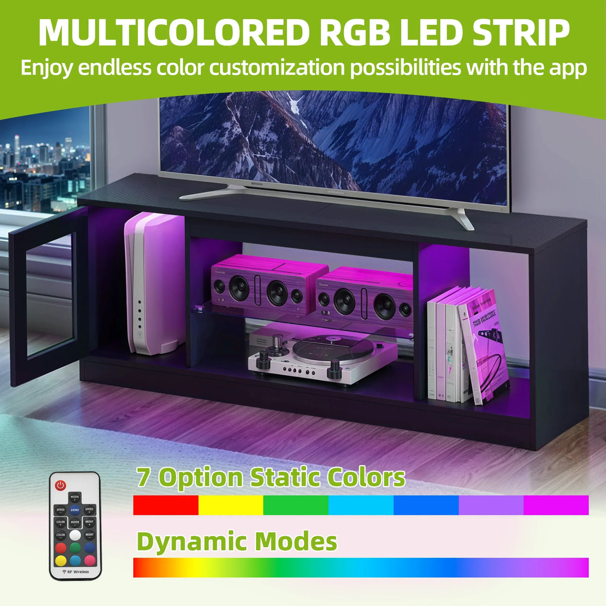 65 Inch TV Stand with LED Lights & Glass Shelves Modern Cabinet 148cm Remote