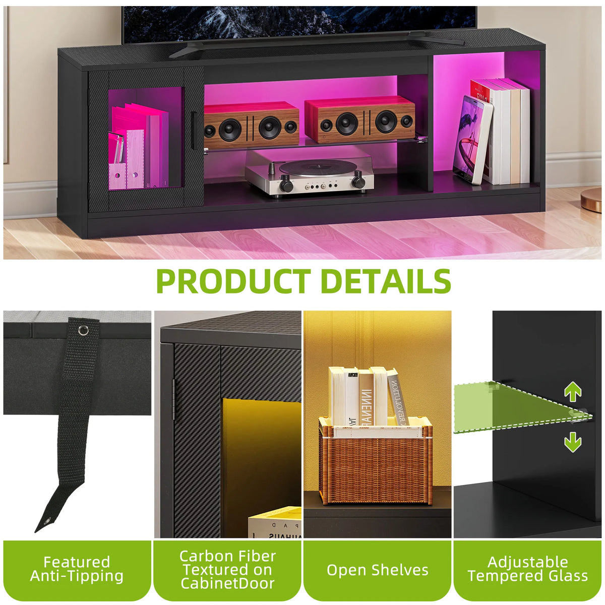 65 Inch TV Stand with LED Lights & Glass Shelves Modern Cabinet 148cm Remote
