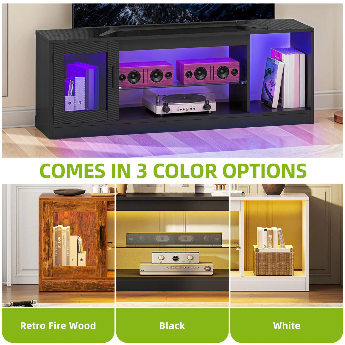 65 Inch TV Stand with LED Lights & Glass Shelves Modern Cabinet 148cm Remote