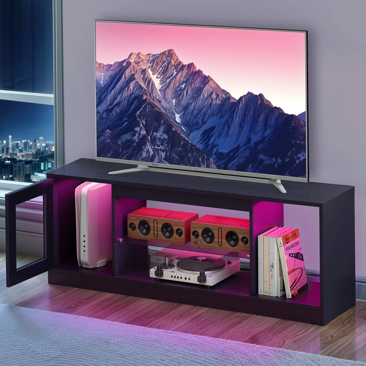 65 Inch TV Stand with LED Lights & Glass Shelves Modern Cabinet 148cm Remote