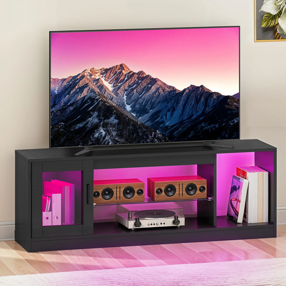 65 Inch TV Stand with LED Lights & Glass Shelves Modern Cabinet 148cm Remote