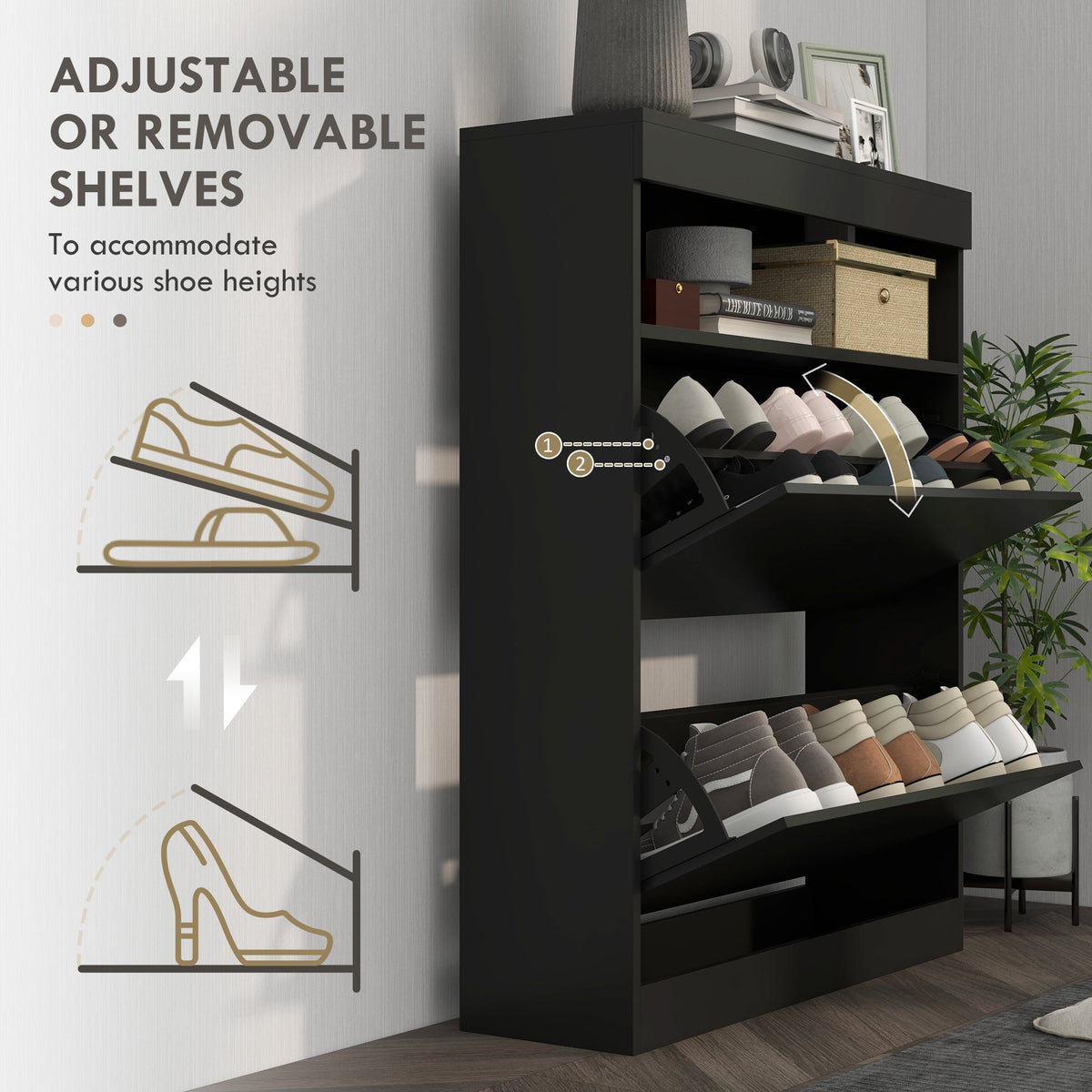 High Gloss Black Shoe Cabinet 2 Flip Drawers 16 Pair Shoes Storage Organiser