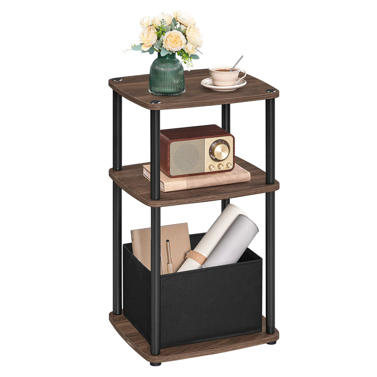 Black Side Table with 3 Shelves & Fabric Basket Bedside End Table Home Storage