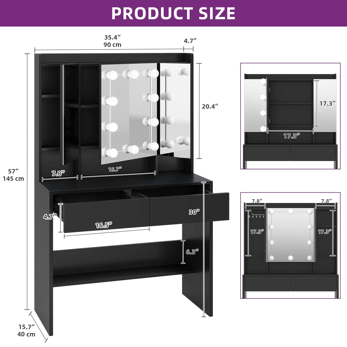 Black Dressing Table Vanity Desk with Mirror - Adjustable Brightness LED Lights