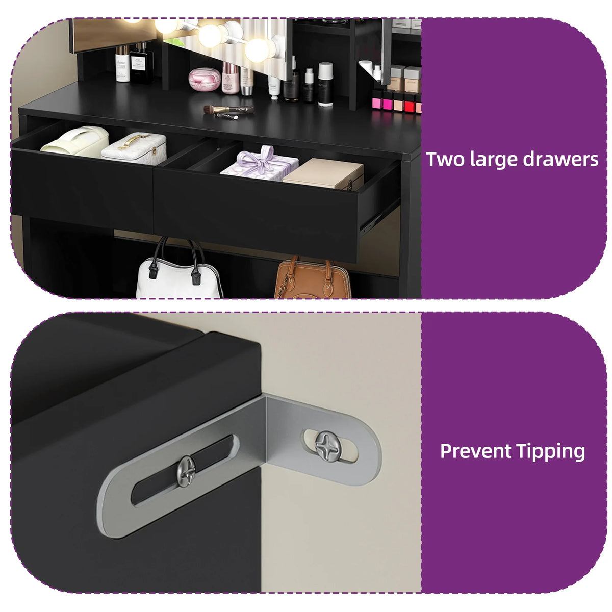 Black Dressing Table Vanity Desk with Mirror - Adjustable Brightness LED Lights