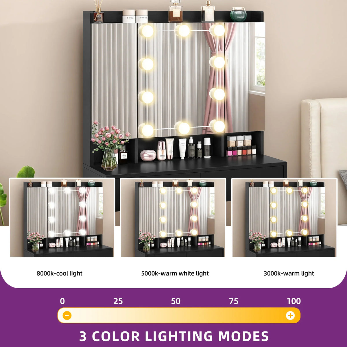 Black Dressing Table Vanity Desk with Mirror - Adjustable Brightness LED Lights