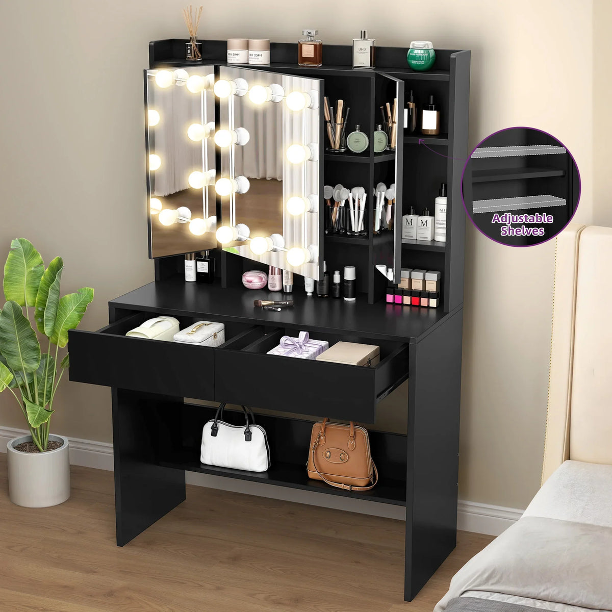 Black Dressing Table Vanity Desk with Mirror - Adjustable Brightness LED Lights
