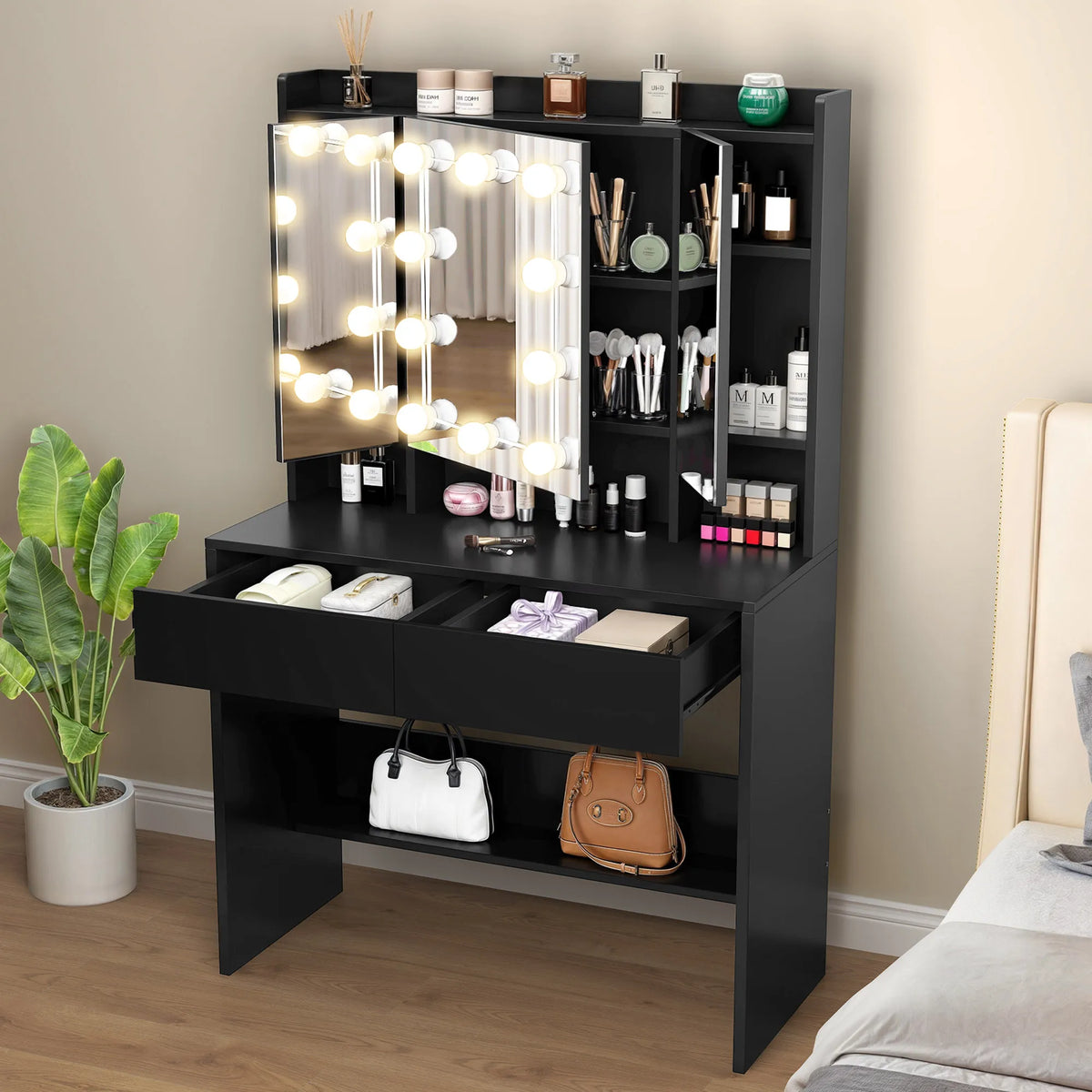 Black Dressing Table Vanity Desk with Mirror - Adjustable Brightness LED Lights