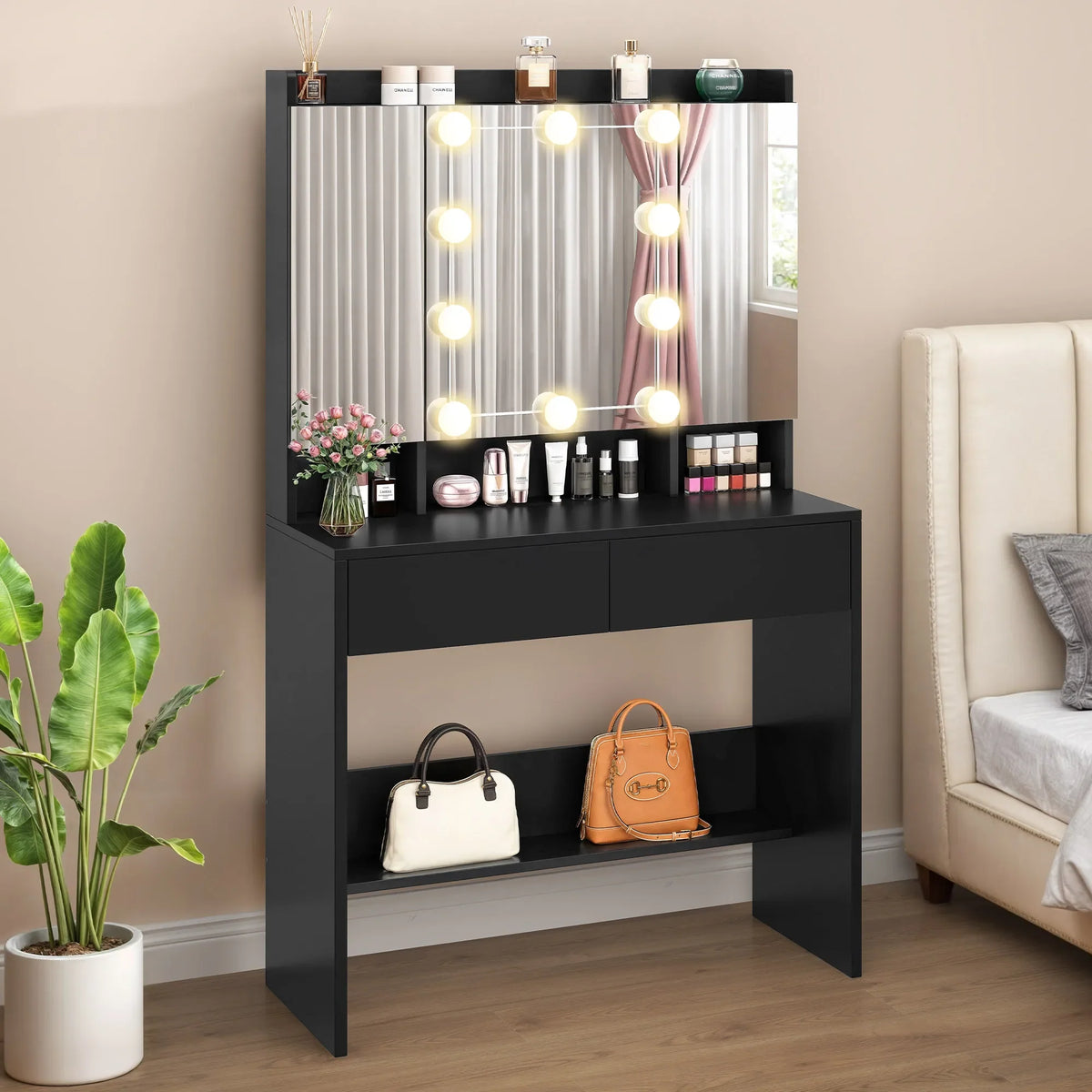 Black Dressing Table Vanity Desk with Mirror - Adjustable Brightness LED Lights