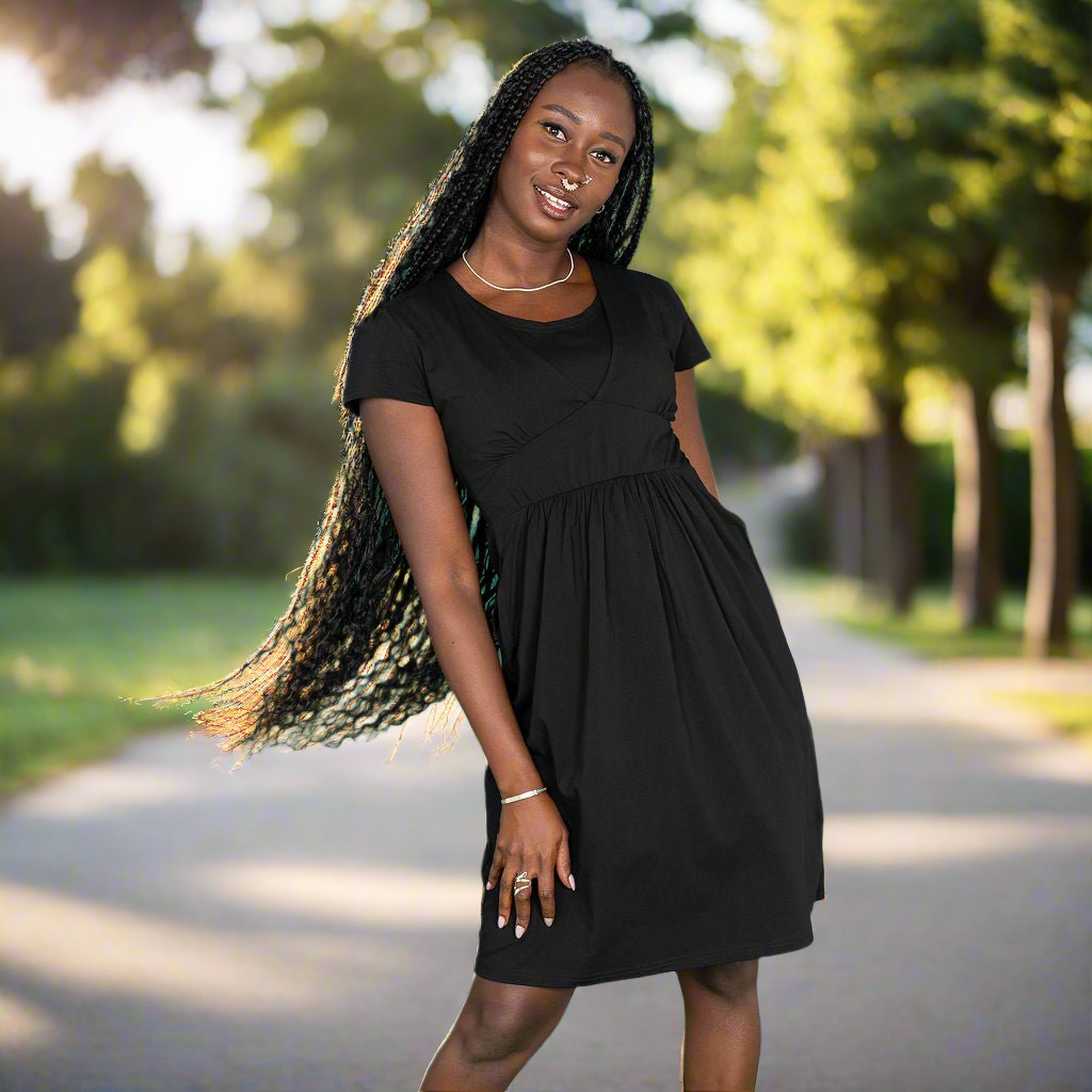 Black Cotton Breastfeeding Dress | Discreet Nursing Access | Sizes 6-24