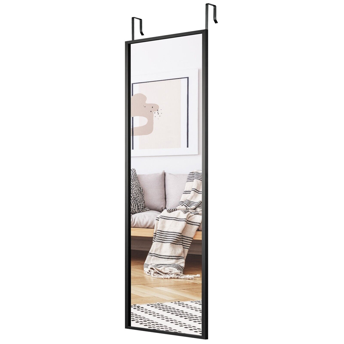 Full Length Wall-Mounted Mirror with Height Adjusting Hooks-White