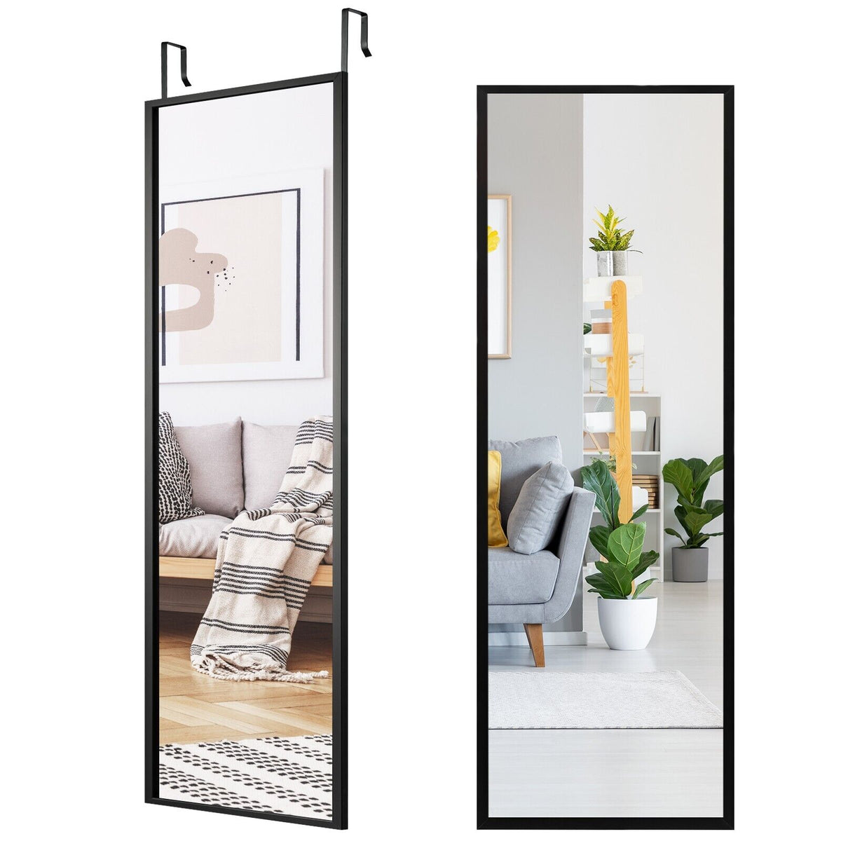 Full Length Wall-Mounted Mirror with Height Adjusting Hooks-White