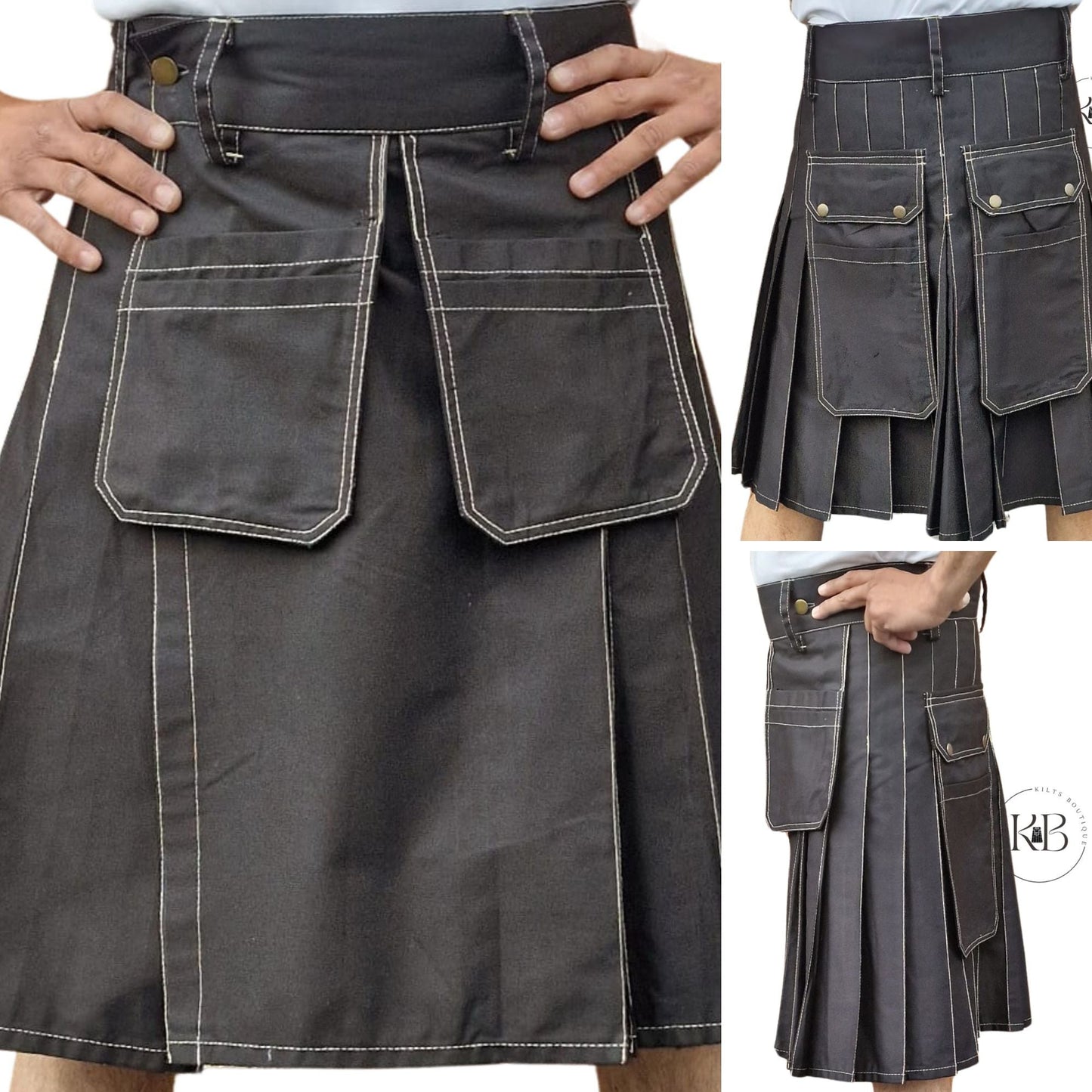 Black Handmade Utility Kilt – Heavy-Duty Cargo Work Kilt