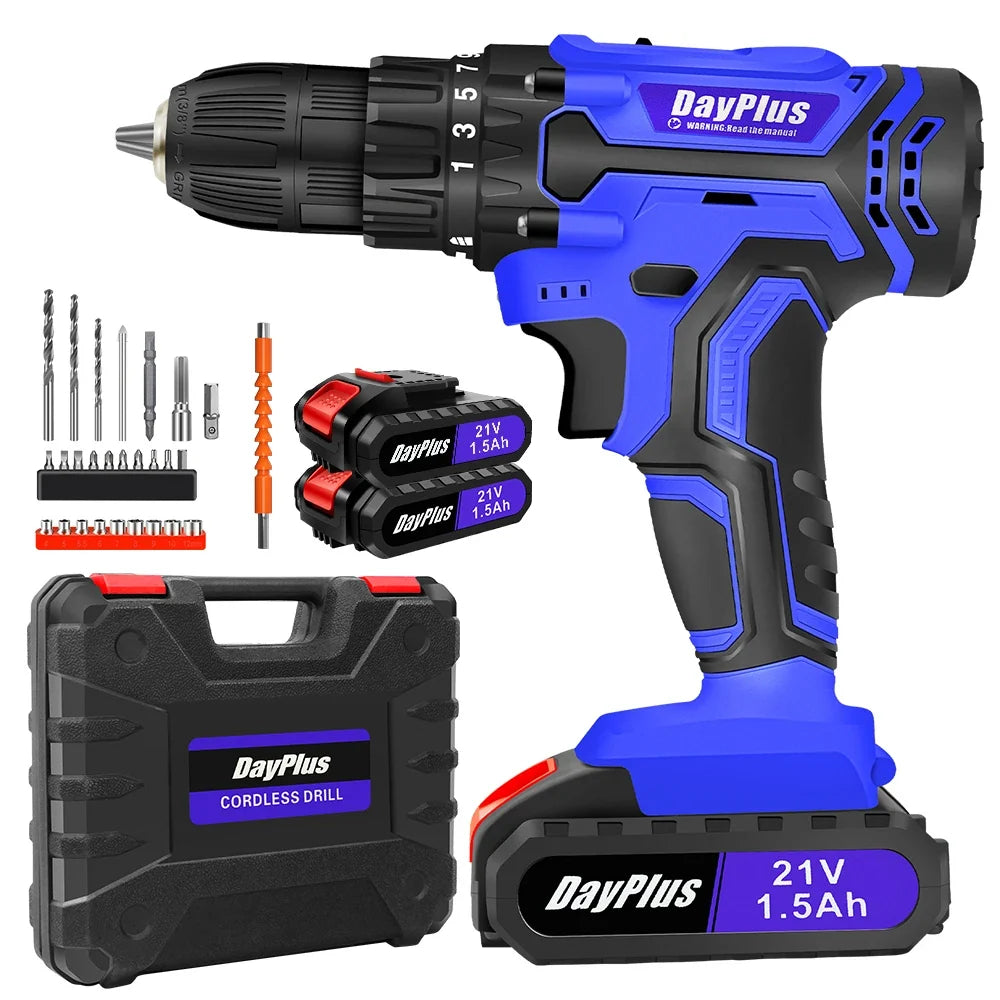 Blue 21V Cordless Power Drill Driver Set 45Nm Torque DIY Tool Kit with LED Light