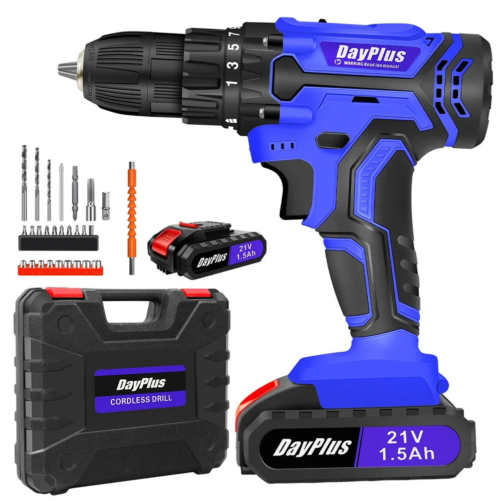 Blue 21V Cordless Power Drill Driver Set 45Nm Torque DIY Tool Kit with LED Light