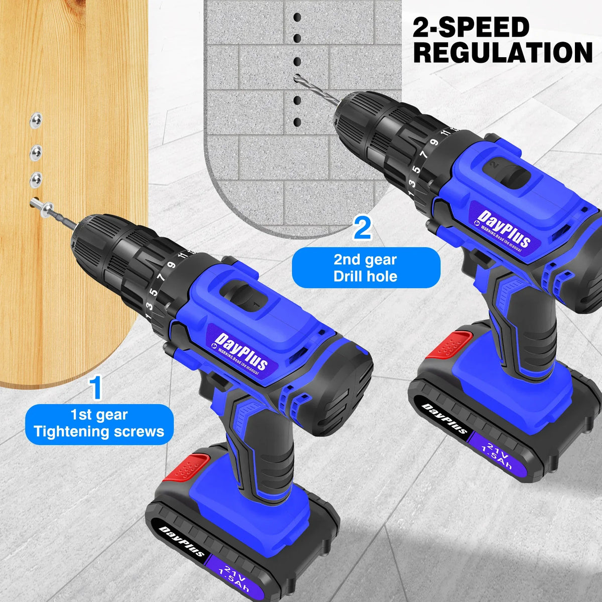 Blue 21V Cordless Power Drill Driver Set 45Nm Torque DIY Tool Kit with LED Light