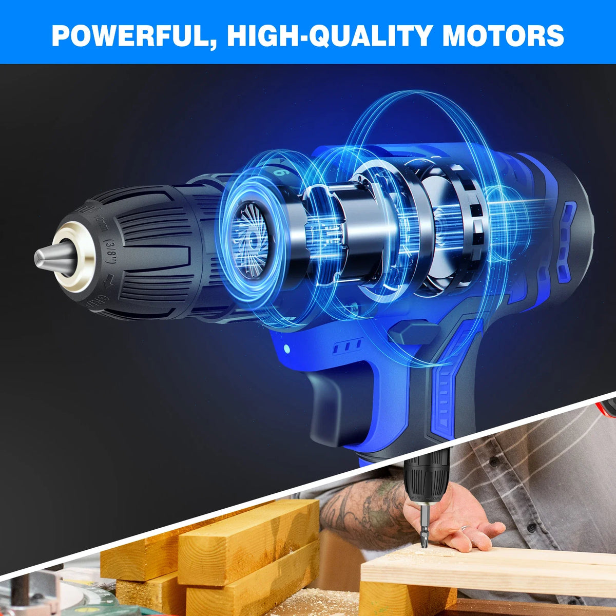 Blue 21V Cordless Power Drill Driver Set 45Nm Torque DIY Tool Kit with LED Light