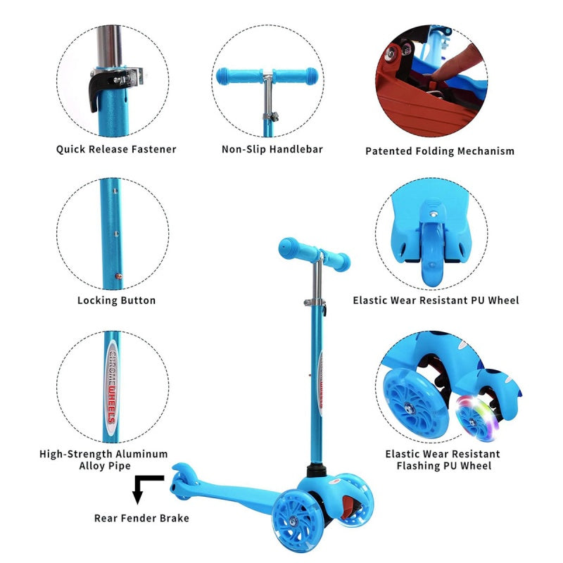 Kids 3 Wheel LED Scooter Tilt & Lean Push Scooters Boys Girls Flashing Toy Blue