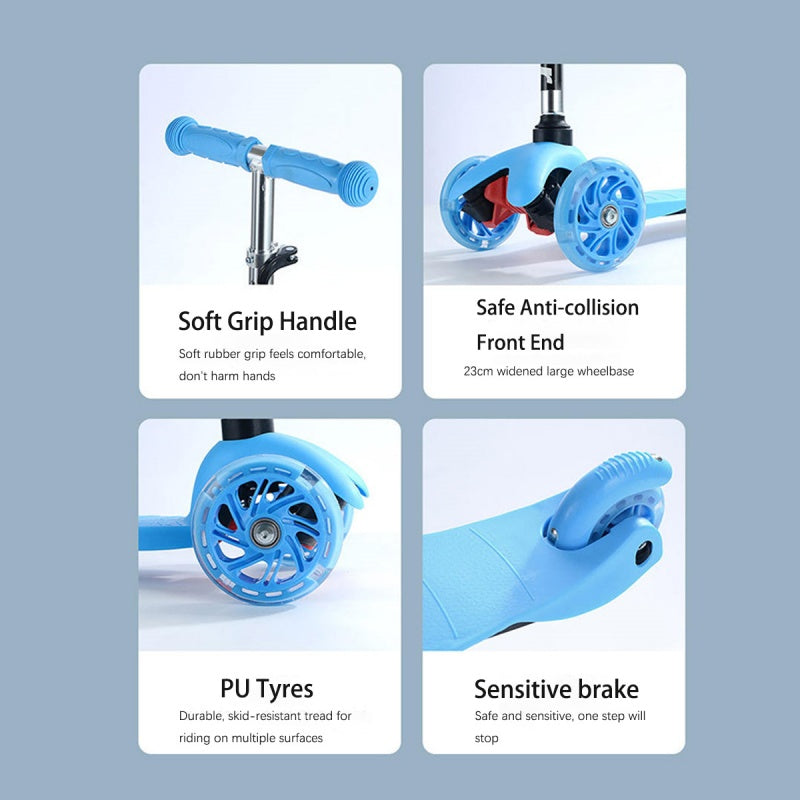 Kids 3 Wheel LED Scooter Tilt & Lean Push Scooters Boys Girls Flashing Toy Blue