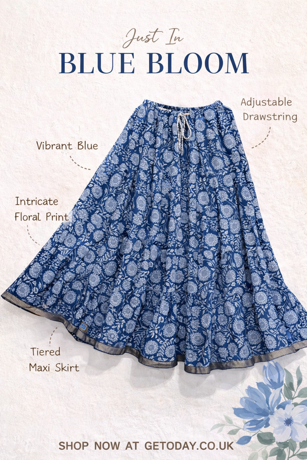 Blue Floral Tiered Cotton Maxi Skirt – Free Size