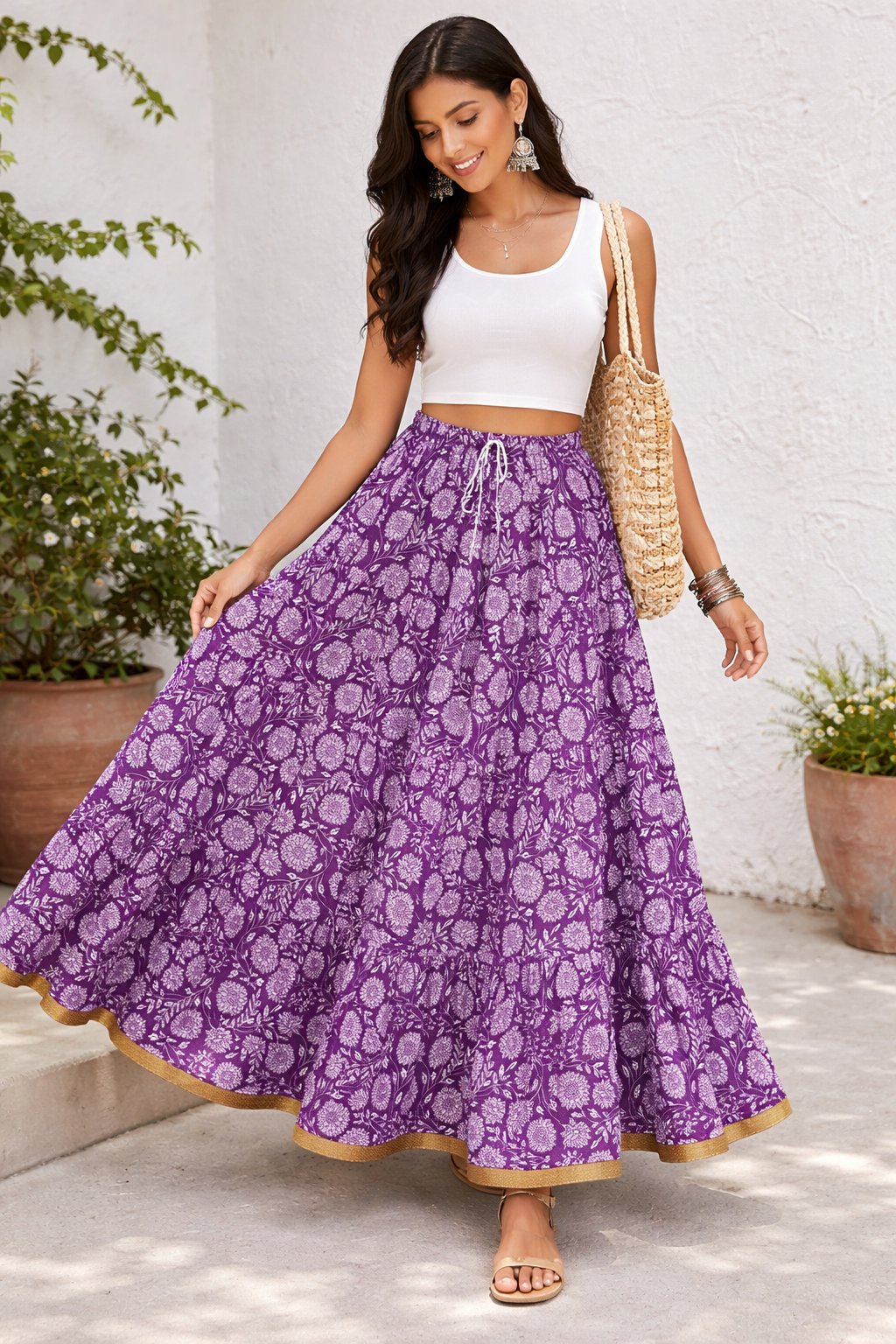 Blackfever Purple Floral Tiered Cotton Maxi Skirt with Gold Border-  Free Size