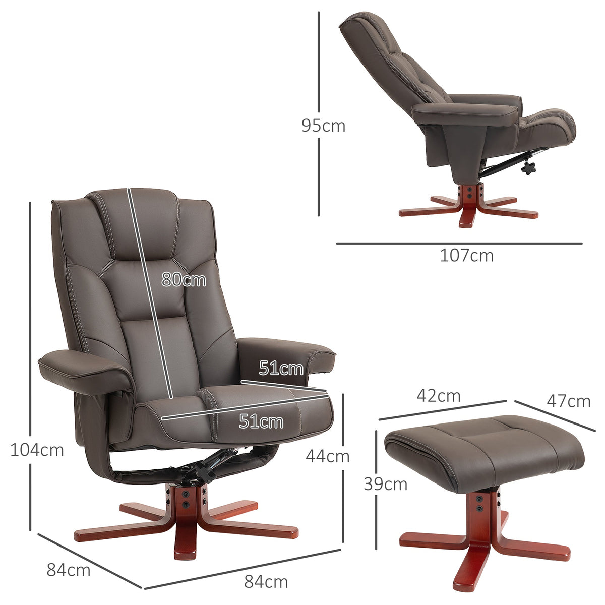 Faux Leather Recliner Chair with Footstool Brown - Home Living Room Seat Wood