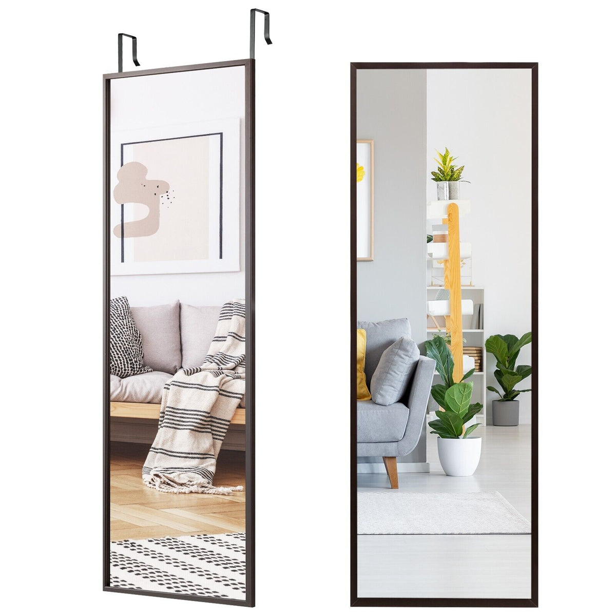 Full Length Wall-Mounted Mirror with Height Adjusting Hooks-White