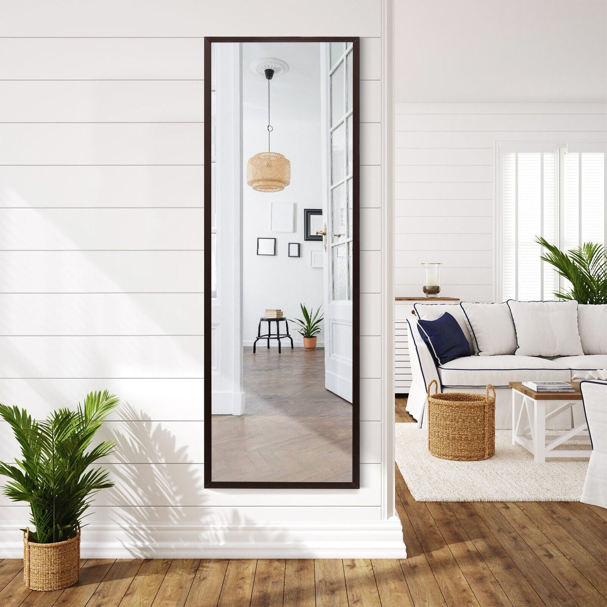 Full Length Wall-Mounted Mirror with Height Adjusting Hooks-White