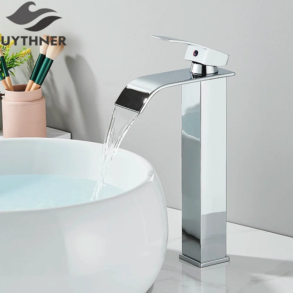 Brushed Gold/Chrome/Black Waterfall Basin Tap Handle Mixer Bathroom Sink Faucet