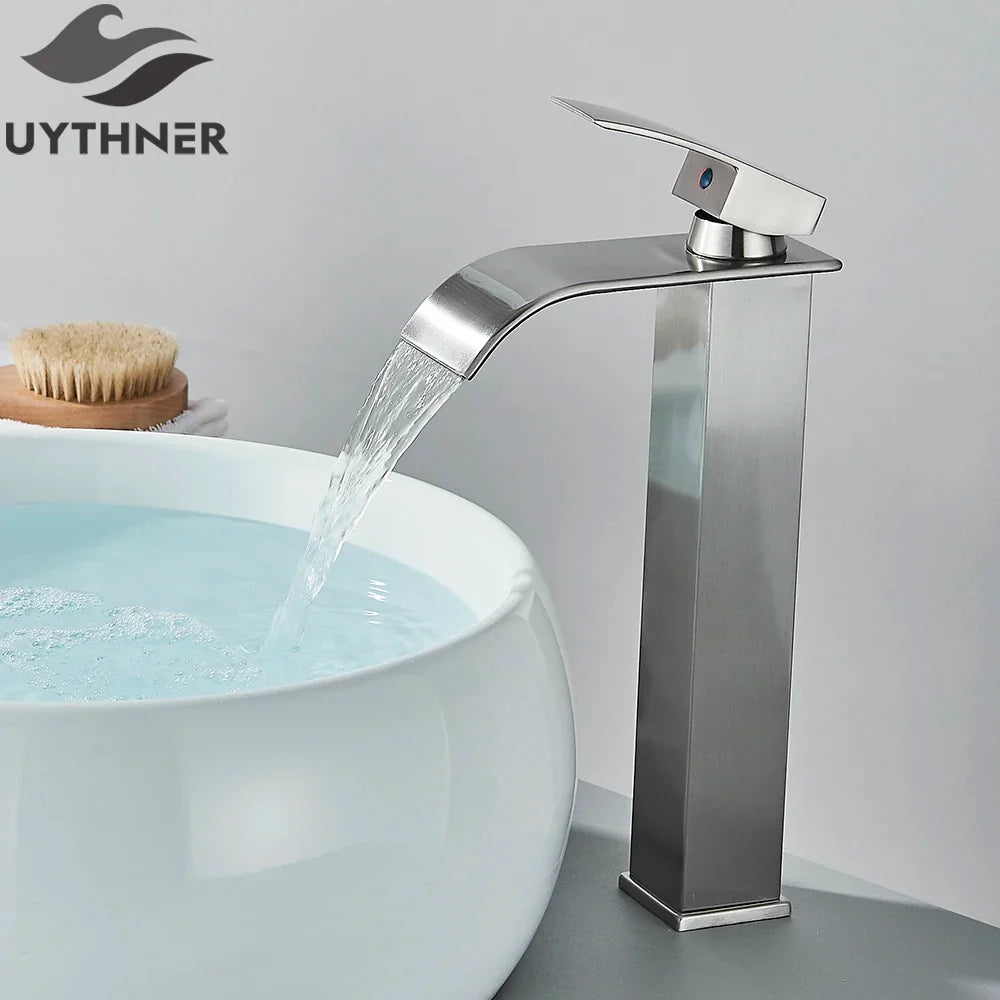 Brushed Gold/Chrome/Black Waterfall Basin Tap Handle Mixer Bathroom Sink Faucet