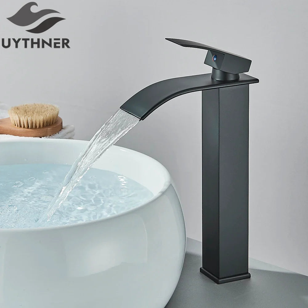 Brushed Gold/Chrome/Black Waterfall Basin Tap Handle Mixer Bathroom Sink Faucet