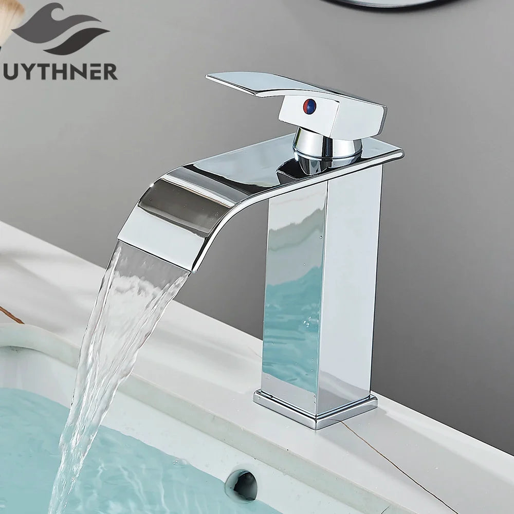 Brushed Gold/Chrome/Black Waterfall Basin Tap Handle Mixer Bathroom Sink Faucet