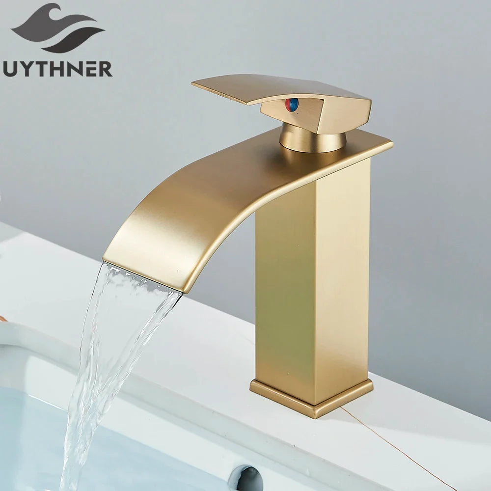 Brushed Gold/Chrome/Black Waterfall Basin Tap Handle Mixer Bathroom Sink Faucet