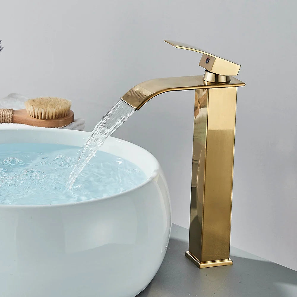 Brushed Gold/Chrome/Black Waterfall Basin Tap Handle Mixer Bathroom Sink Faucet