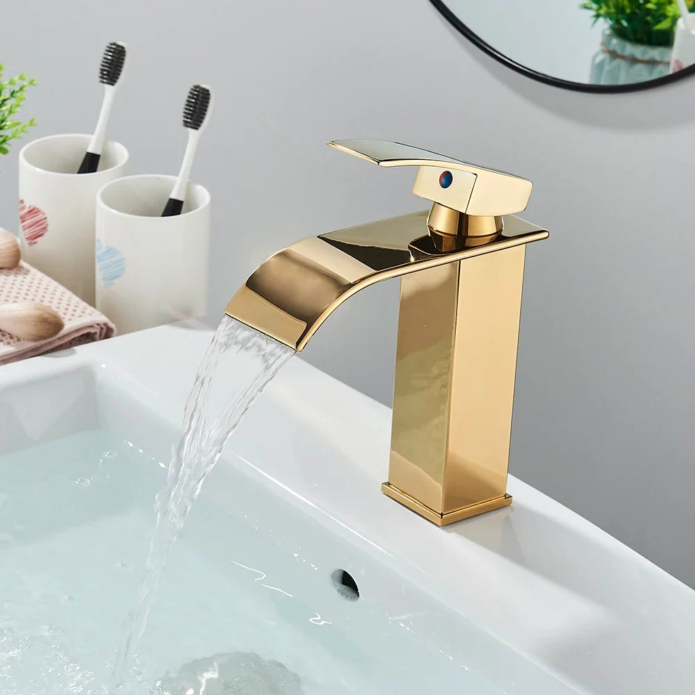 Brushed Gold/Chrome/Black Waterfall Basin Tap Handle Mixer Bathroom Sink Faucet