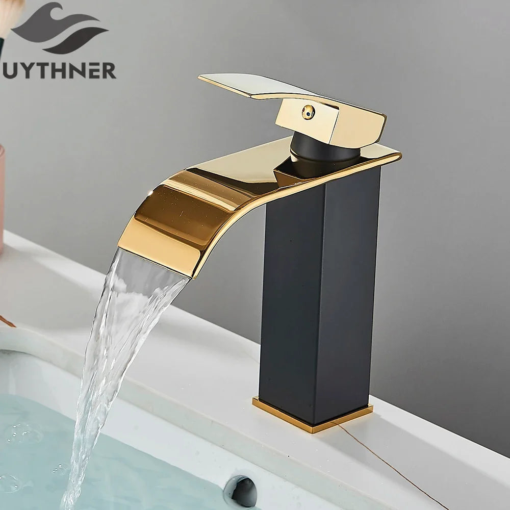 Brushed Gold/Chrome/Black Waterfall Basin Tap Handle Mixer Bathroom Sink Faucet