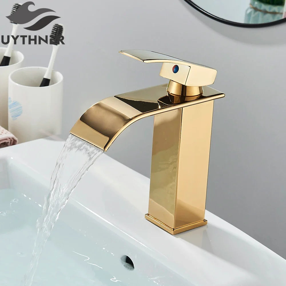 Brushed Gold/Chrome/Black Waterfall Basin Tap Handle Mixer Bathroom Sink Faucet