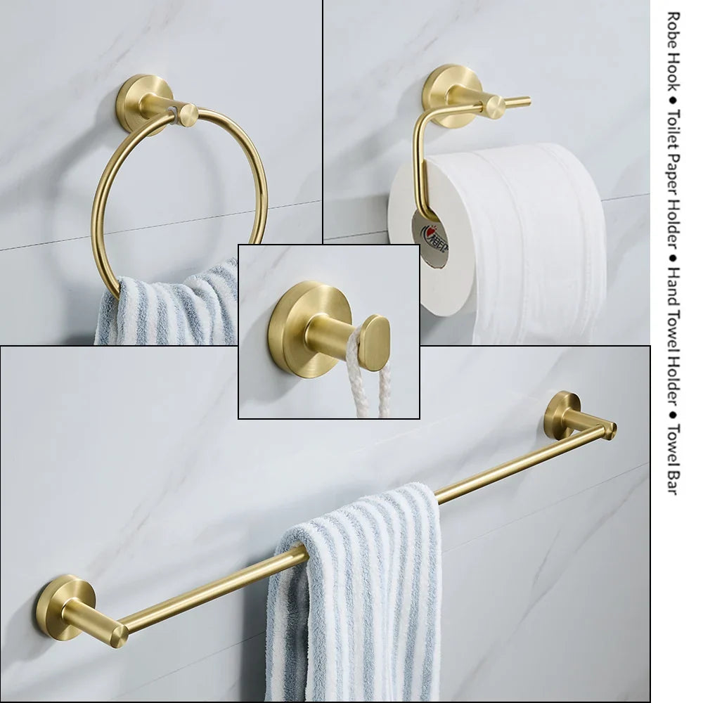 Brushed Gold Wall Mount Toilet Accessories - Towel Bar, Roll Holder, Robe Hook